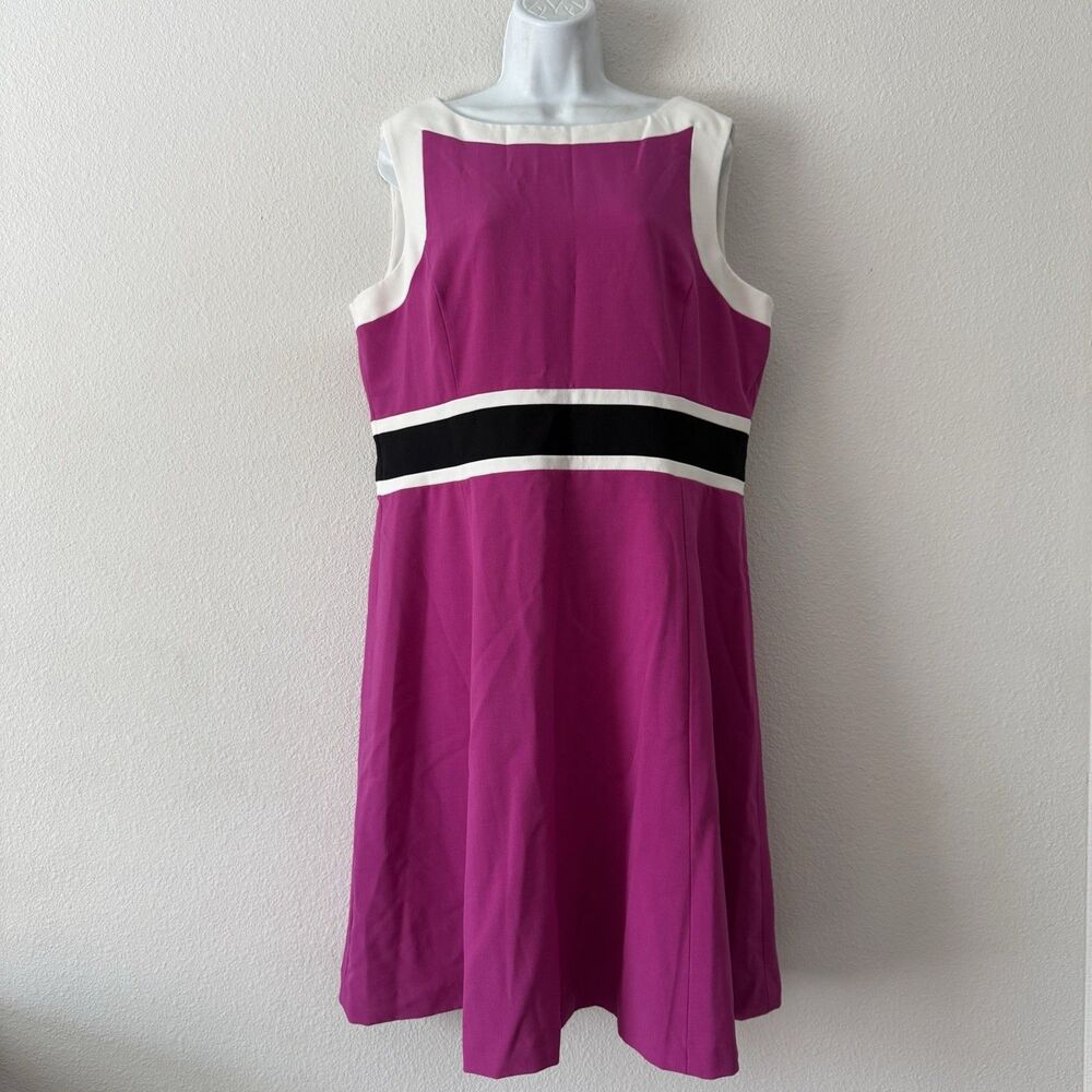 Evan Picone Black Label Striped Fit Flare Dress Mod Fuchsia Pink Colorblock 16